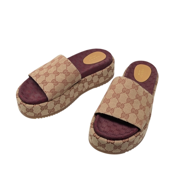 Gucci Shoes - Gucci Angelina Burgundy Ruggine GG Monogram Logo Platform Slide Sandal EU 39